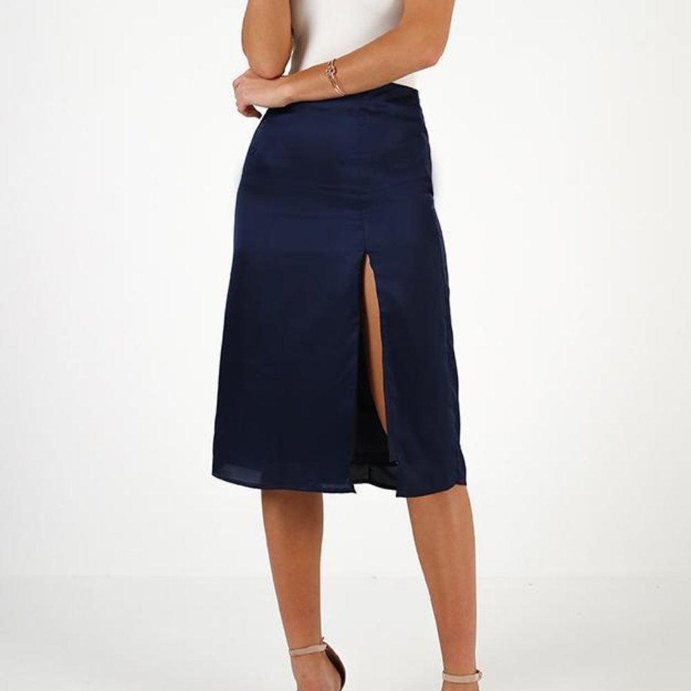 Showpo - Midi Satin Skirt with Slit in Navy Blue